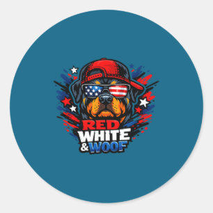 Funny red white and woof rottweiler dog patriotic classic round sticker