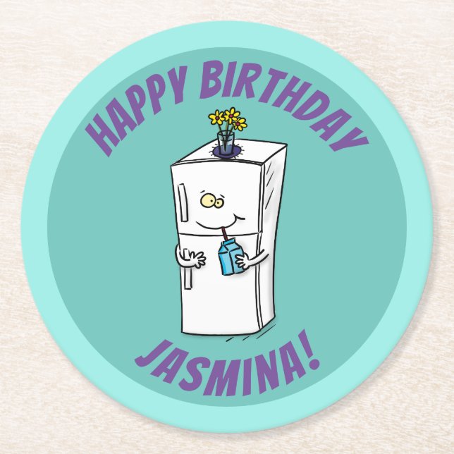 Funny refrigerator cartoon illustration round paper coaster (Front)