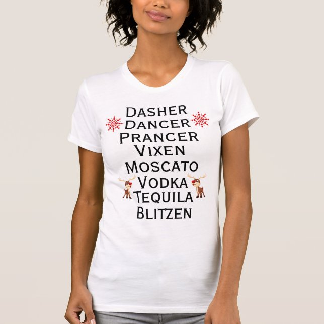 Funny Reindeer and Alcohol Drinking T-Shirt (Front)