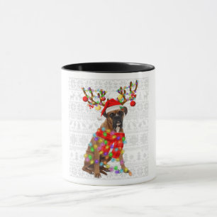 Funny Reindeer Boxer Dog Christmas Lights Mug