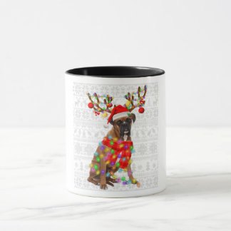 Funny Reindeer Boxer Dog Christmas Lights Mug