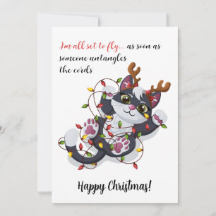 Funny Reindeer Cat Tangled in Lights Christmas Holiday Card