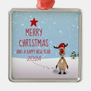 Funny Reindeer Christmas New Year Tree 2024 Metal Ornament