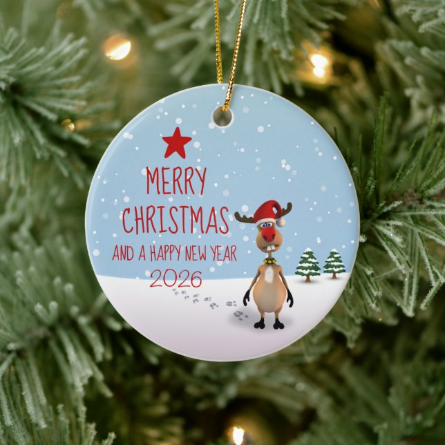 Funny Reindeer Christmas New Year Tree 2026 Ceramic Ornament (Tree)