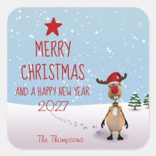 Funny Reindeer Christmas New Year Tree 2026 Square Sticker