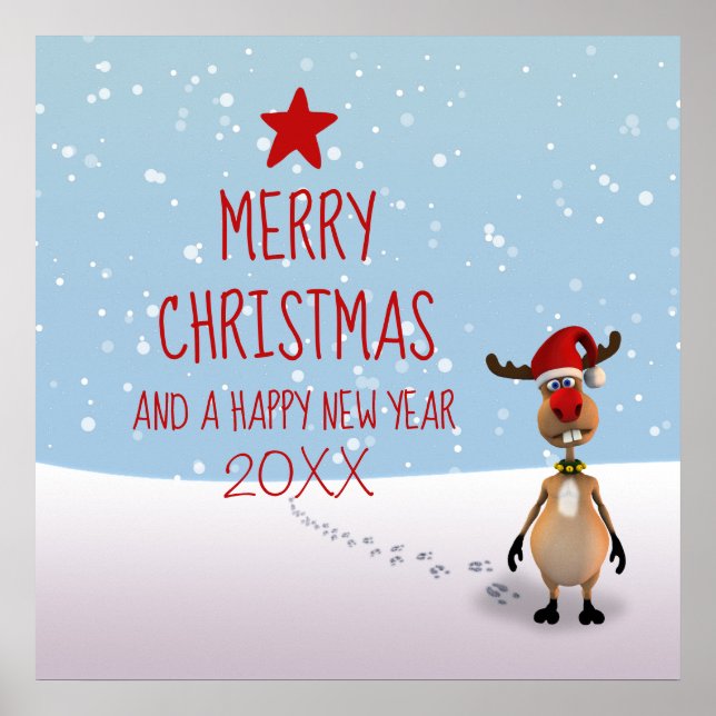 Funny Reindeer Christmas New Year Tree Poster (Front)