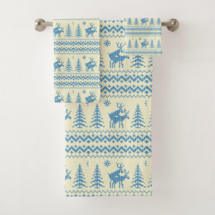Funny Reindeer Christmas Tree Snow Blue Pattern Bath Towel Set