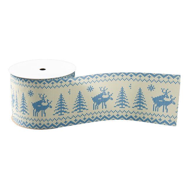 Funny Reindeer Christmas Tree Snow Blue Pattern Grosgrain Ribbon (Spool)