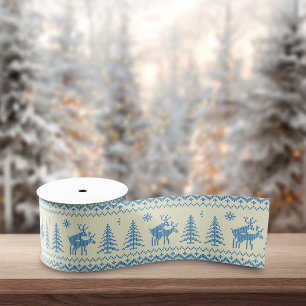 Funny Reindeer Christmas Tree Snow Blue Pattern Grosgrain Ribbon
