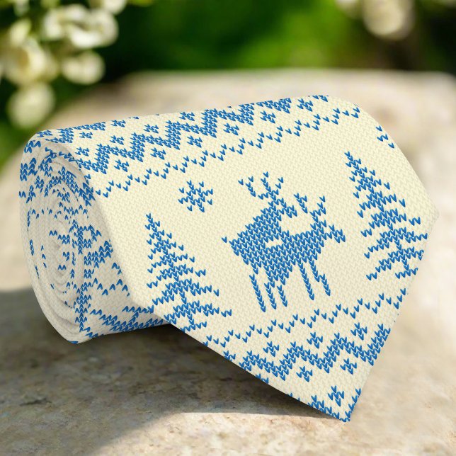 Funny Reindeer Christmas Tree Snow Blue Pattern Tie (Creator Uploaded)