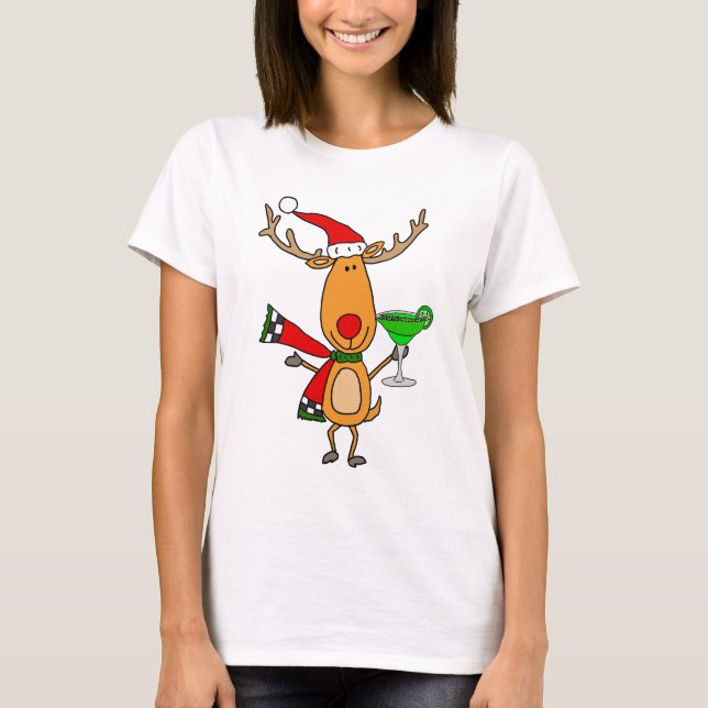 Funny Reindeer Drinking Margarita Christmas Art T-Shirt (Front)