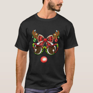 Funny Reindeer Face Leopard Glasses Plaid Christma T-Shirt