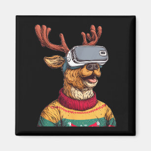 Funny Reindeer In Christmas Sweater And Vr Headset Magnet