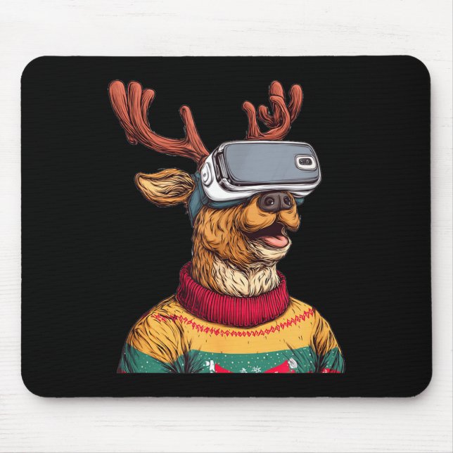 Funny Reindeer In Christmas Sweater And Vr Headset Mouse Pad (Front)