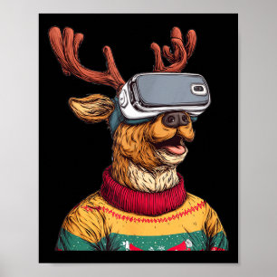 Funny Reindeer In Christmas Sweater And Vr Headset Poster