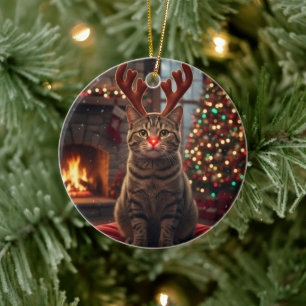 Funny Reindeer Kitty Rudolph Cat Christmas  Ceramic Ornament