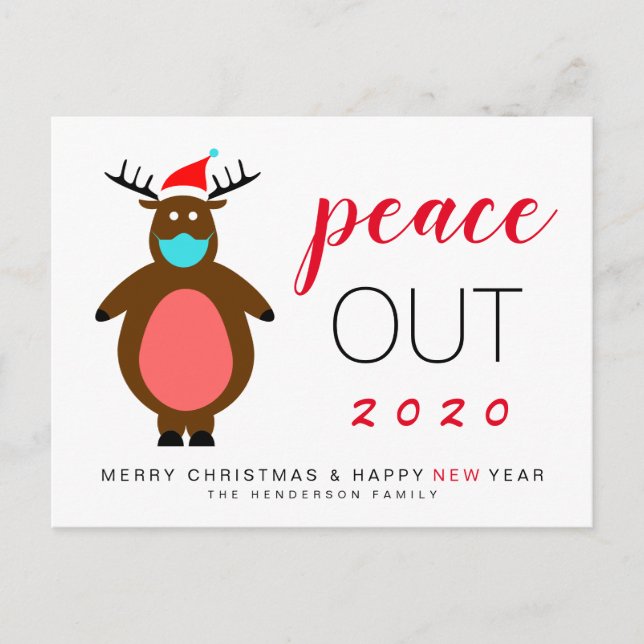 Funny Reindeer Mask Christmas New Year Peace Out Holiday Postcard (Front)