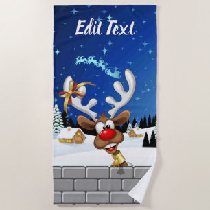 Funny Reindeer Peeking Christmas Meme  Beach Towel