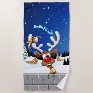 Funny Reindeer Peeking Christmas Meme  Beach Towel