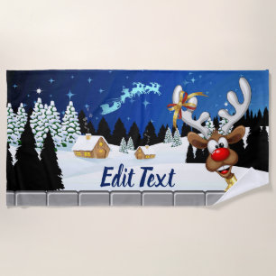 Funny Reindeer Peeking Christmas Meme  Beach Towel