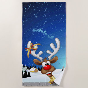 Funny Reindeer Peeking Christmas Meme  Beach Towel