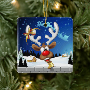 Funny Reindeer Peeking Christmas Meme  Ceramic Ornament