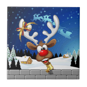 Funny Reindeer Peeking Christmas Meme  Ceramic Tile