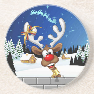 Funny Reindeer Peeking Christmas Meme  Coaster