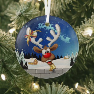 Funny Reindeer Peeking Christmas Meme  Glass Tree Decoration