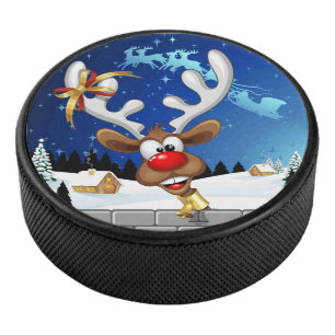 Funny Reindeer Peeking Christmas Meme  Hockey Puck