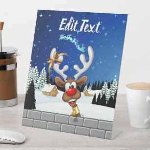 Funny Reindeer Peeking Christmas Meme  Pedestal Sign
