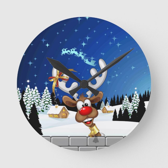 Funny Reindeer Peeking Christmas Meme  Round Clock (Front)