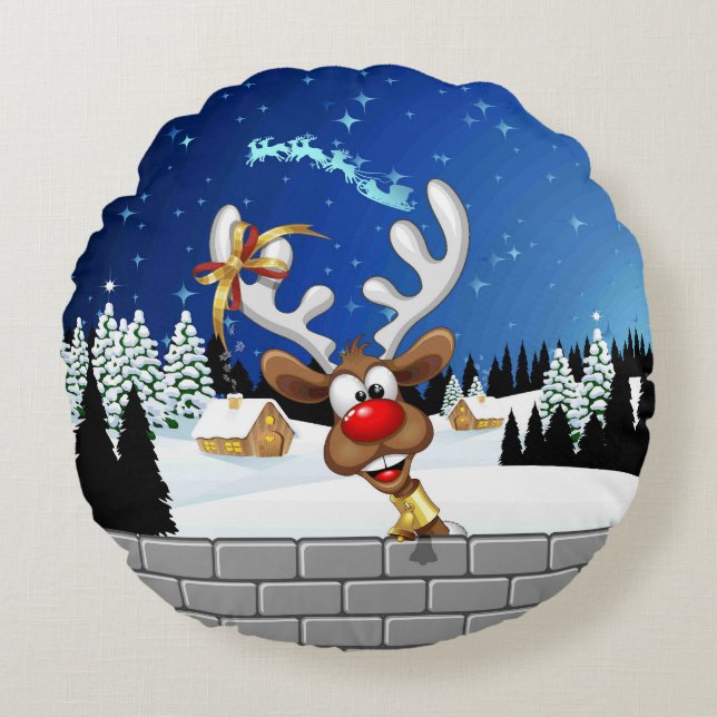 Funny Reindeer Peeking Christmas Meme  Round Cushion (Front)