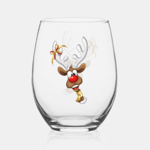 Funny Reindeer Peeking Christmas Meme  Stemless Wine Glass