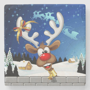Funny Reindeer Peeking Christmas Meme  Stone Coaster