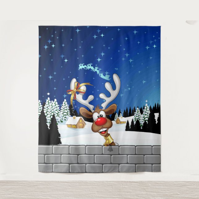 Funny Reindeer Peeking Christmas Meme  Tapestry (Front)