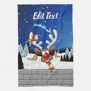 Funny Reindeer Peeking Christmas Meme Tea Towel