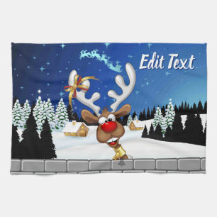 Funny Reindeer Peeking Christmas Meme Tea Towel