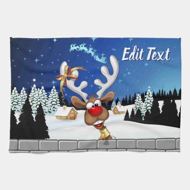 Funny Reindeer Peeking Christmas Meme  Tea Towel (Horizontal)