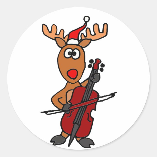 Funny Reindeer Playing Cello Christmas Classic Round Sticker (Front)