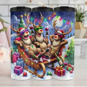 Funny Reindeer Relaxing with Wine Thermal Tumbler