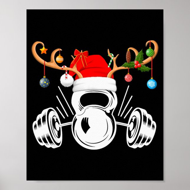 Funny Reindeer Santa Hat Weightlifting Fitness Chr Poster (Front)