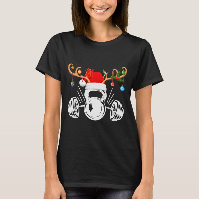 Funny Reindeer Santa Hat Weightlifting Fitness Chr T-Shirt (Front)