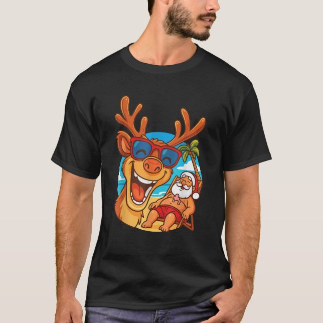 Funny Reindeer Selfie Santa Beach Christmas Animal T-Shirt (Front)