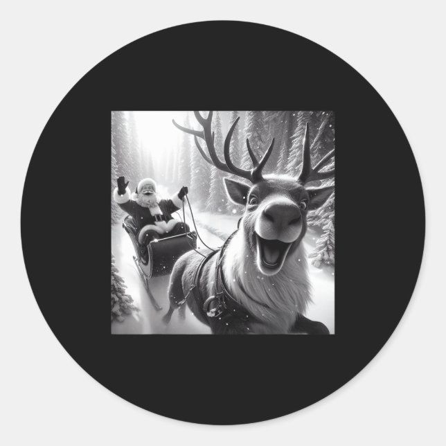 Funny Reindeer Selfie Santa Christmas Shirts Men W Classic Round Sticker (Front)