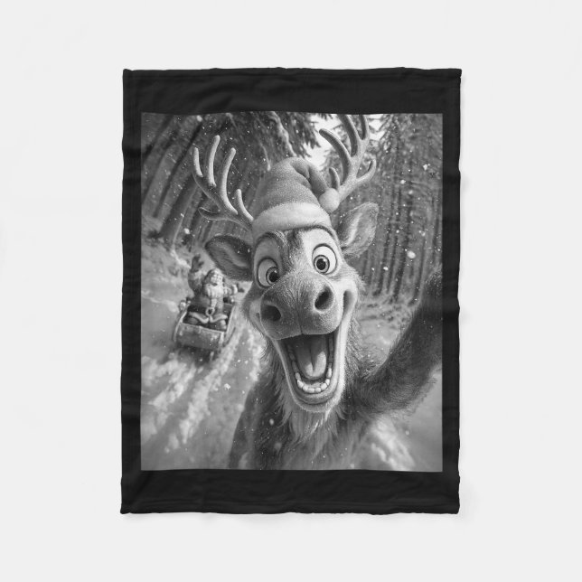 Funny Reindeer Selfie Santa Merry Christmas Men Wo Fleece Blanket (Front)