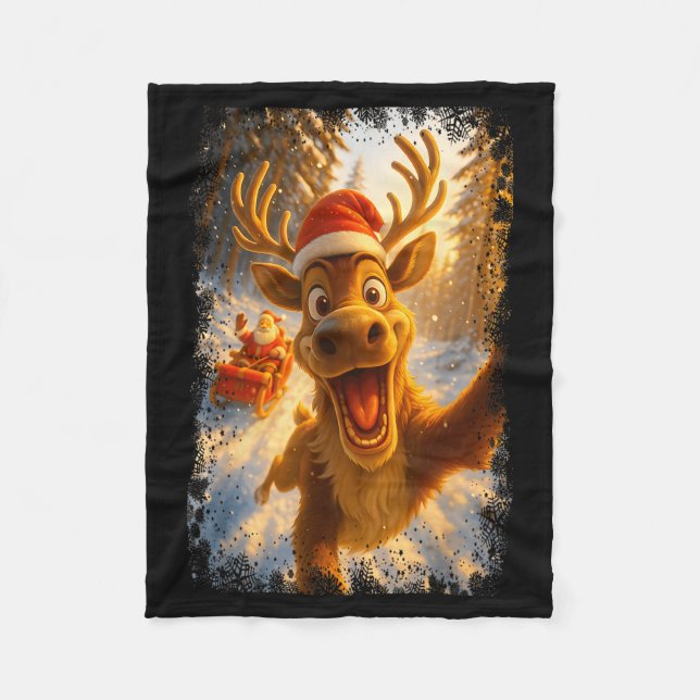 Funny Reindeer Selfie Santa Merry Christmas Men Wo Fleece Blanket (Front)