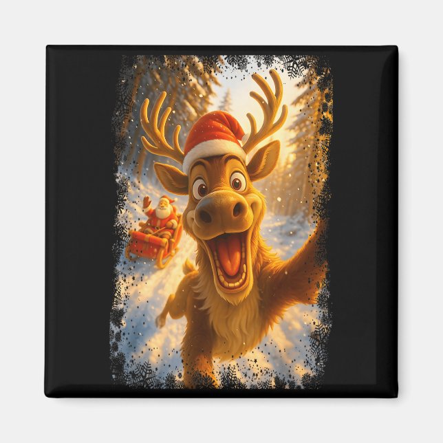 Funny Reindeer Selfie Santa Merry Christmas Men Wo Magnet (Front)