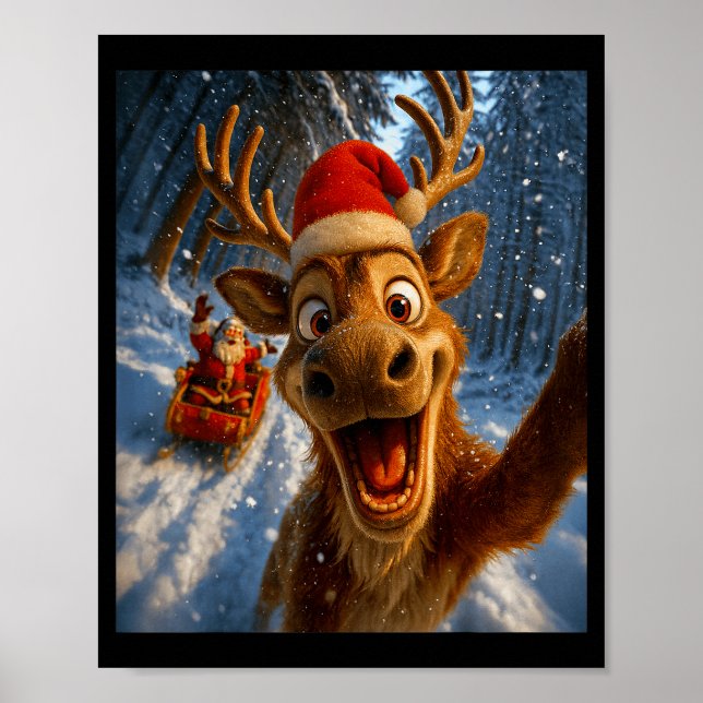 Funny Reindeer Selfie Santa Merry Christmas Men Wo Poster (Front)