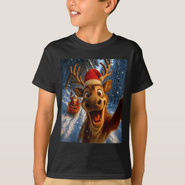 Funny Reindeer Selfie Santa Merry Christmas Men Wo T-Shirt (Front)